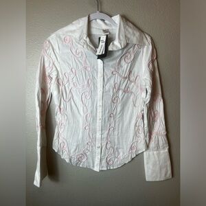 Deadstock NWT Mara Margo White Button Front Blouse Embellished Pink Soutache XS
